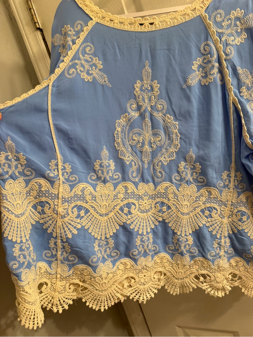 Democracy Light Blue Boho Tunic with Cream Crochet Trim plus size BoHo, romantic - Picture 9 of 9